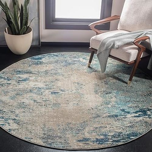 SAFAVIEH Madison Collection Area Rug - 5' Round, Blue & Grey, Modern Boho Abstract Design, Non-Shedding & Easy Care, Ideal for High Traffic Areas in Living Room, Bedroom (MAD440M)