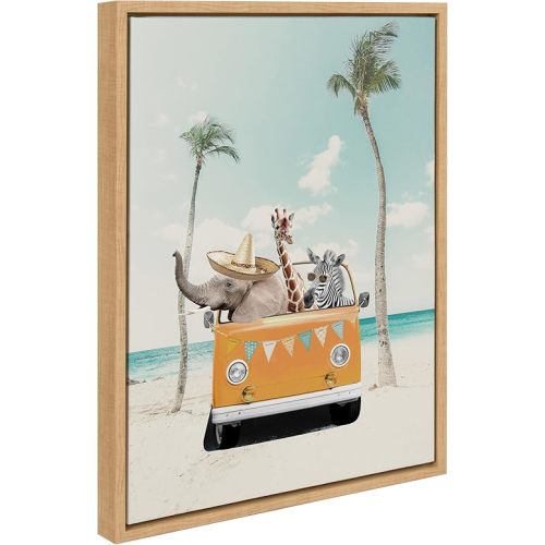 Kate and Laurel Sylvie Beach Adventures Framed Canvas Wall Art by July Art Prints, 18x24 Natural, Colorful Beach Animal Wall Art Decor