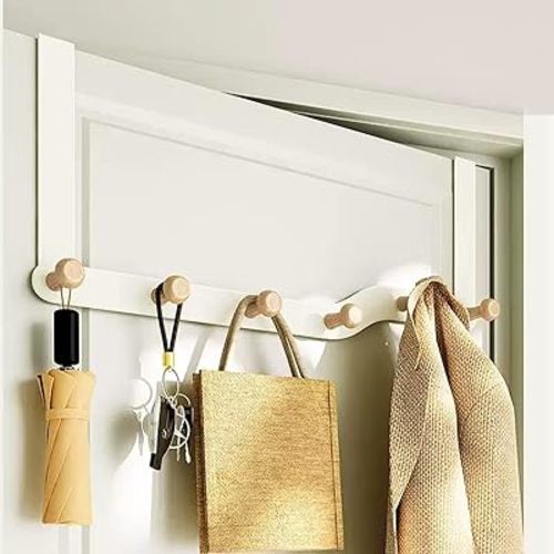 Over The Door Hooks Door Hanger Hook for Clothes with 6 Wooden Door Hooks，Over Door Coat Hanger Hanging Coats Towel Hanger Coat Rack for Towels, Clothes, Back of Bathroom Bedroom（Off White）