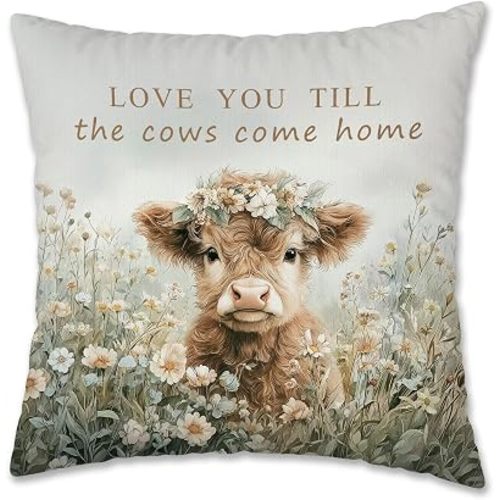 Rustic Floral Highland Cow Pillow Cover 18x18