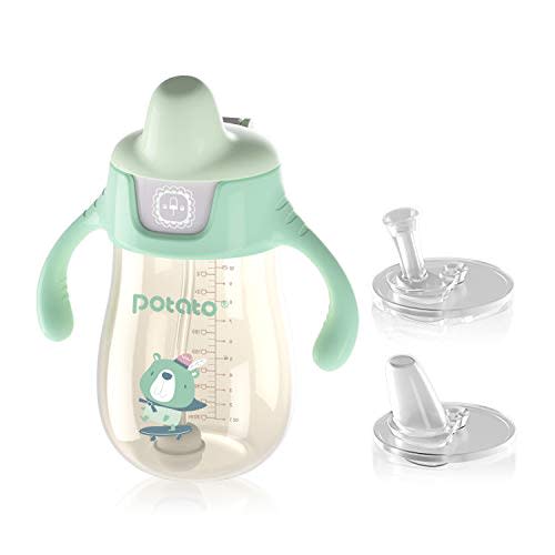 POTATO Sippy Cups For Toddlers with Straw Spill Proof, PPSU Learner Cup with Handle for Babies, Water Bottle for Baby 12 Months with 2 Type of Spout, 10 Ounce Green