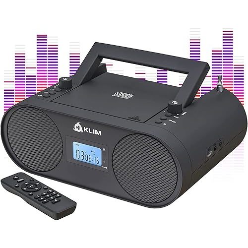 KLIM Boombox B4 CD Player Portable Audio System - New - AM/FM Radio with CD Player MP3 Bluetooth AUX USB - Wired & Wireless Mode Rechargeable Battery - Remote Control Autosleep Digital EQ