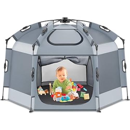 Babepai Pop up Playpen with Canopy - Portable Baby Beach Tent - Outdoor Baby Playpen - Indoor & Outdoor Play Yard for Babies, Foldable, Portable, Lightweight & Travel Bag - Gray