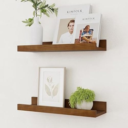 Picture Ledge Shelf, Solid Pine Wood Rustic Floating Shelves for Wall, 16 Inch Floating Shelves with Lip for Bedroom Kitchen Living Room Nursery Display Wall Decor, Set of 2 (Walnut)