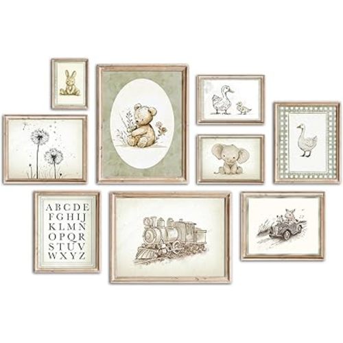 Kizbok Vintage Nursery Wall Art for Baby Room Decor, Sage Green Kids Room Wall Decor Bunny Duck Elephant Bear Train Animals Canvas Art Prints Artwork, Neutral Nursery Wall Decor Poster for Bedroom, Toddler Kids Playroom - Unframed