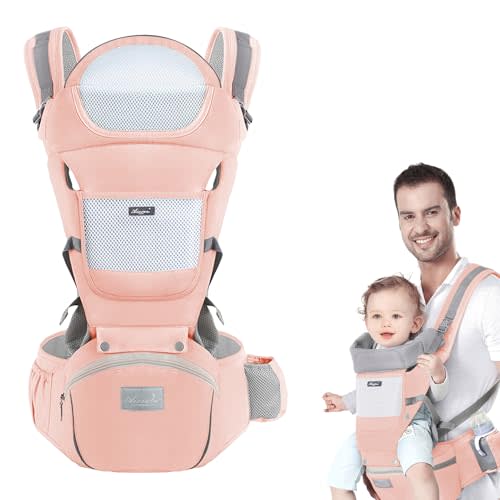 Huifen Multi-Functional 9 in 1 Baby Carrier - Newborn to Toddler, 7-45 lbs, Hip Seat, Ergonomic Sling, Hands Free Backpack, All Seasons (Pink)