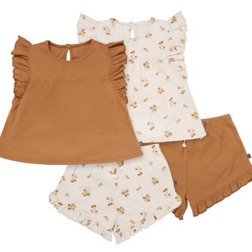 4-Piece Infant Toddler Girls Beige Flowers Flutter Sleeve Tops and S – Gerber Childrenswear