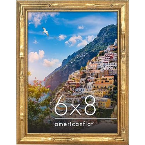 Americanflat 6x8 Picture Frame with Bamboo-Style Molding - Gold Bamboo Frame with Shatter-Resistant Glass - Elegant Gallery Style Frames for Tabletop or Wall Display - Gold