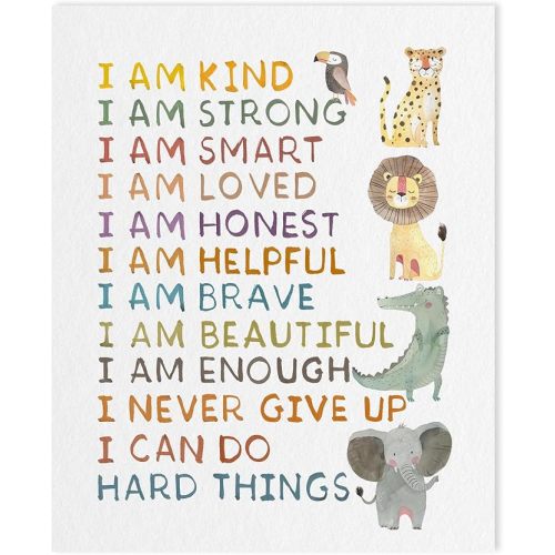 Positive Affirmations Print Wall Decor: I Am Kind I Am Smart I Am Brave Inspirational Quotes Wall Art for Kids, Boho Classroom Posters Baby Animal Safari Nursery Room Decor for Toddler 12x15 Inch - 12"x15"