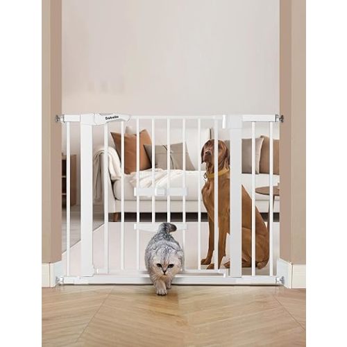 BABELIO New Version Baby Gate with Cat Door Adjustable,29-40" Metal Pet Door for Stairs & Doorways,Pressure Mounted,No Tools Needed,White