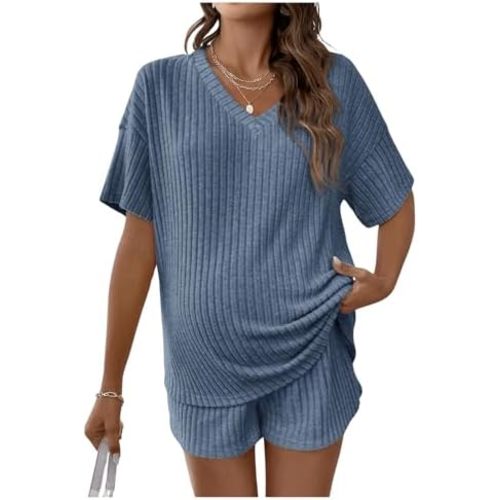 SweatyRocks Women's Maternity 2 Piece Outfits V Neck Short Sleeve Top and Elastic Waist Shorts Set
