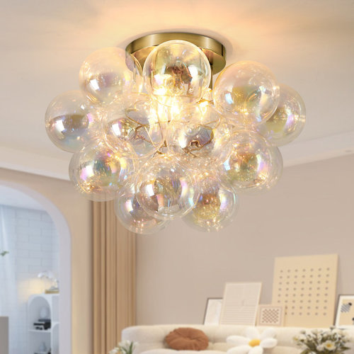 Mercer41 5-Light Gold Flush Mount Ceiling Light With A Cluster Of Iridescent Glass Globes | Wayfair