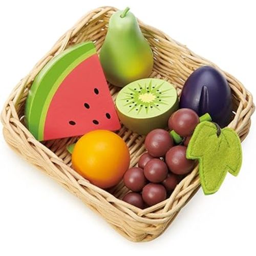Tender Leaf Toys - Fruity Basket - 6 Pcs Solid Wood Fruits with Hand-Crafted Basket, Pretend Food Toy Playset Supermarket Shopping Game Play Kitchen Farmer's Market Accessories for Kids - Age 3+