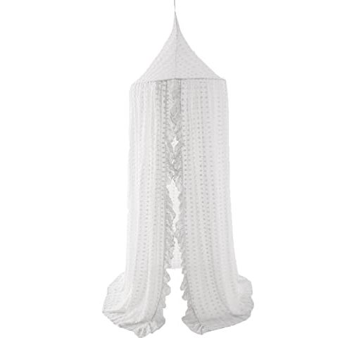 Wonder Space Elegant Kids Bed Canopy - Lace Chiffon Netting with Pom Pom, Princess Girls Fairy Dream Tent, Nursery Room Baby Crib Hanging Curtain Mosquito Net Children Reading Nook Decoration (White)