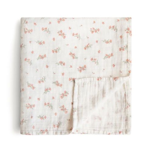 Organic Cotton Muslin Swaddle Blanket Pink Flowers One Size