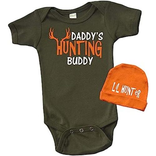 Fathers Day baby Bodysuit and Cap set, 1st Fathers day Gift set - Daddy Hunting Buddy
