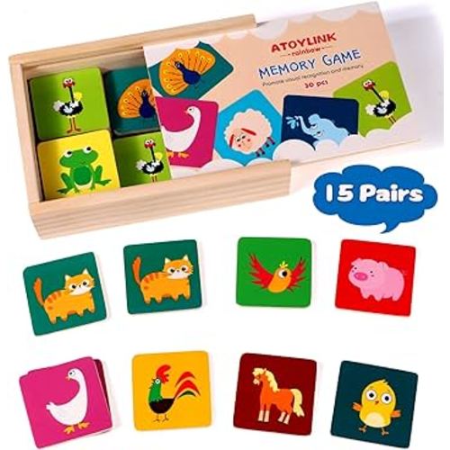 Atoylink Matching Memory Game for Kids 3 and Up - 30pcs Cute Animal Wooden Memory Card Matching Games Camp Concentration Memory Games for Toddler Boys and Girls