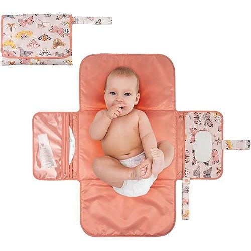 Portable Diaper Changing Pad, Foldable Waterproof Baby Change Pad for Newborn Girl & Boy with Smart Wipes Pocket (Flutter)
