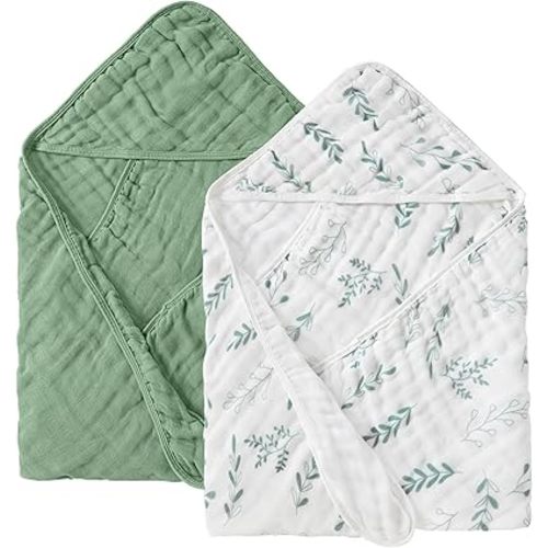 JELLYMONI Muslin Baby Hooded Bath Towels for Newborn, 2 Pack 100% Cotton Baby Bath Towel with Hood for Baby, Infant, Toddler and Kids, Large 32 x 32 Inch Baby Bath Towels Soft and Absorbent