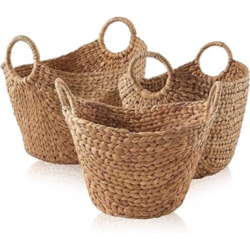 Casafield Set of 3 Multipurpose Boat Baskets with Handles - Cinnamon, Woven Water Hyacinth Storage Organizers for Throw Blankets, Bedroom, Laundry
