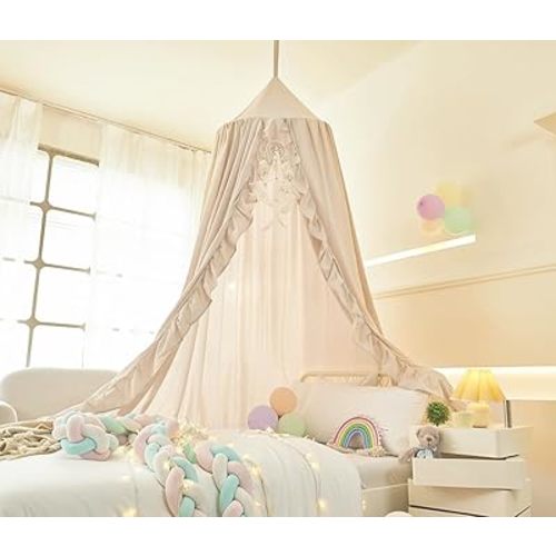 Mengersi Bed Canopy for Girls,Ruffled Canopy Bed Curtains Canopy for Girls Room,Hanging Canopy Princess Play Tent for Reading Nook Play Room Decor (Ivory)