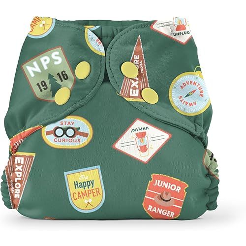 Esembly Cloth Diaper Outer, Waterproof Cloth Diaper Cover, Swim Diaper, Leak-Proof and Breathable Layer Over Prefolds, Flats or Fitteds, Reusable Diaper with Snap Closure, Size 2, Adventure Badges
