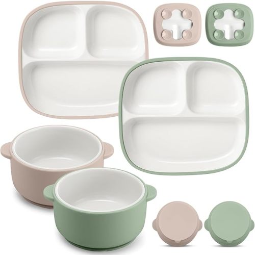 Domensi 4 Pcs Square Porcelain Kid Plate and Bowl Set with Suction, 2 Ceramic Toddler Divided Plate 2 Baby Anti Slip Silicone Sleeve Bowl for Feeding Supplies Microwave Dishwasher Safe (Green, Beige)