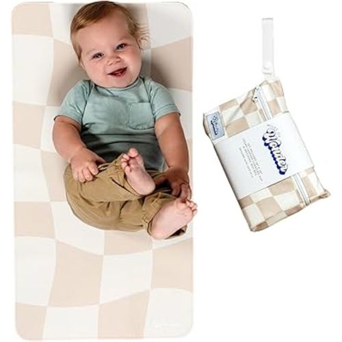 Portable Changing Mat with Reusable Waterproof Wet Bag, (16 x 30 Inches) Baby Changing Mat, Non-Toxic Changing Pad Portable Folds and Wipes Clean, Baby Changing Pad Travel (Checkered)