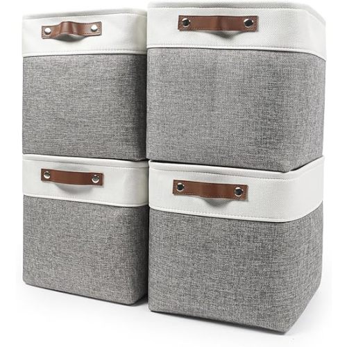 13x13 Cube Storage Bins, Collapsible Fabric Storage Box, 4 Pack Closet Baskets with Handles for Organizing, Shelf, Toys, Clothes, Home, Office, Nursery (Grey&White)
