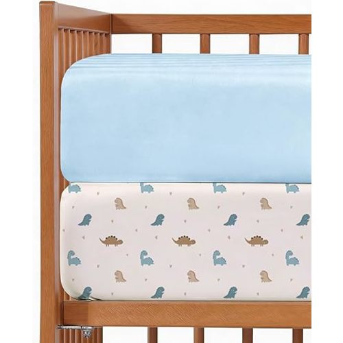 Baby Crib Sheets for Boys & Girls - Pack of 2 Fitted Microfiber Crib Sheets for Standard Crib & Toddler Mattress - Soft, Breathable & Wrinkle Free - Machine Washable, Oeko Tex - 52x28x8in - Cute Dinos