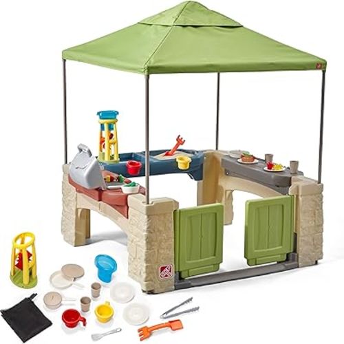 Step2 All Around Playtime Patio with Canopy, Kids Indoor/Outdoor Kitchen Playset & Sensory Playhouse, Made of Durable Plastic, Includes 16 Piece Toy Accessories, For Toddlers 2+ Years Old, Green