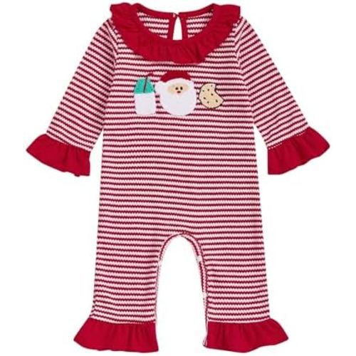 Lamuusaa Newborn Baby Girl Christmas Outfit Santa Claus Embroidery Romper Ruffle Stripe Bodysuit Flared Pants Jumpsuit 0-18M