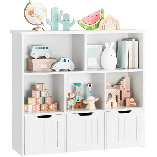 FOTOSOK Toy Storage Organizer with 3 Movable Drawers, Floor Storage Cabinet Toy Chest with Hidden Wheels and 5 Storage Cubbies, Multifunctional Storage Chest for Playroom, White