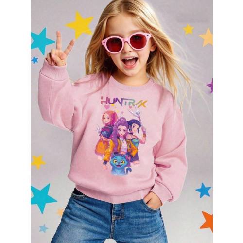 K-Pop Hunter Group Pattern Print, Girls' Autumn Round-Neck Sweatshirt, Casual Outdoor Sports Style, Comfortable, Soft, Breathable And Skin-Friendly, Fashionable And Versatile, A Round-Neck Sweatshirt That Children Can Wear Alone | SHEIN USA