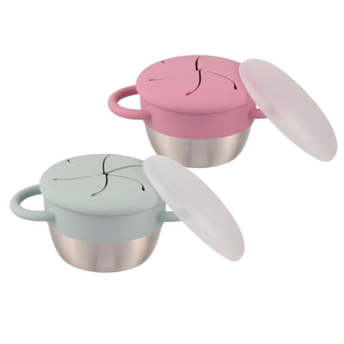 Elk and Friends Stainless Steel Snack Cups | Removable Silicone Food Catcher and Travel Lid | Spill-Proof Snack Containers for Baby, Toddler, Kids | Dishwasher Safe | 2 Pack