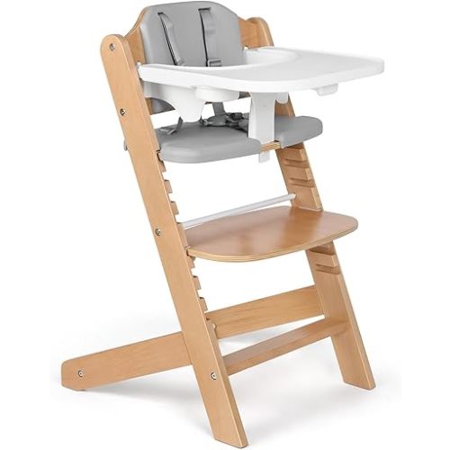 Cowiewie 3-in-1 Convertible Baby Natural Wooden Highchair with EVA Cushions with2 Tray, 8 Adjustable High Chairs for Babies/Toddlers/Adults,5-Point Harness & 2 Waterproof Cozy Cushion Gray