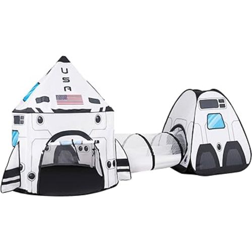 JOYIN White Rocket Ship Pop up Play Tent with Tunnel and Playhouse Kids Indoor Outdoor Spaceship Tent Set