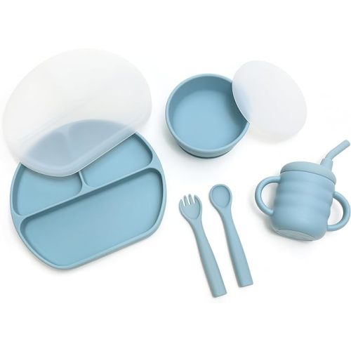 Silicone Baby Feeding Set | Suction Plates for Baby with Lid, Suction Bowls For Baby with Lid, Sippy Cup, Baby Utensils Set | Baby Eating Essentials - Toddler Plates and Bowls Set - Blue