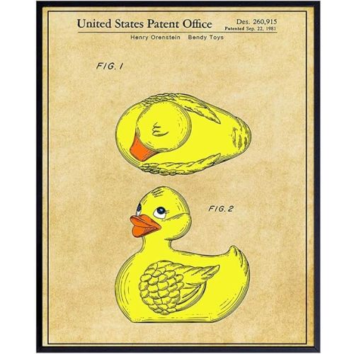 Rubber Duck Bathroom Patent Art Print - Vintage Wall Art Poster - Chic Retro Home Decor for Boys, Girls and Baby Room, Nursery or Bath - Great Gift for Mom - 8x10 Photo - Unframed