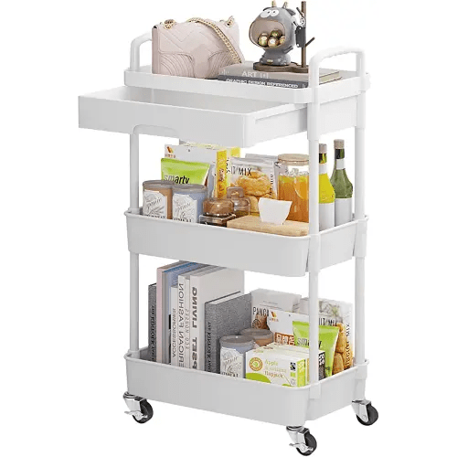 3-Tier Rolling Utility Cart with Drawer,Multifunctional Storage Organizer with Plastic Shelf & Metal Wheels,Storage Cart for Kitchen,Bathroom,Living Room,Office,White