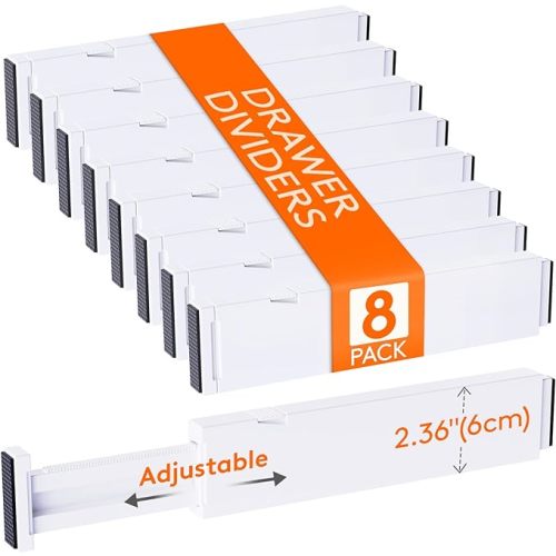 Lifewit 8 Pack 4" High Drawer Dividers 28-43.5cm/11-17" Adjustable Drawer Organizer for Clothes/Utensils, Expandable Drawer Separator in Dresser/Kitchen/Bedroom/Office Organization & Storage White