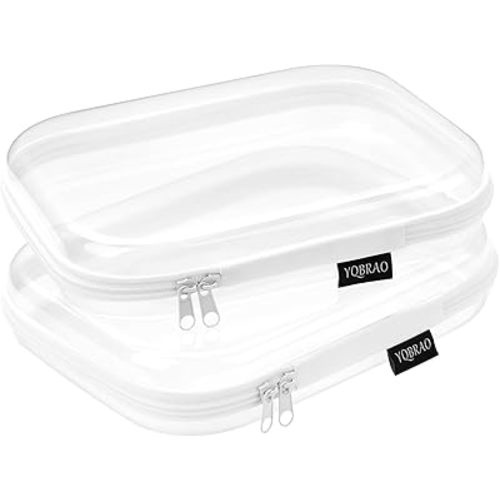 Hard Sided Clear Zipper Case for Storage- Professional-Grade Plastic Clear Zipper Pencil Case,Toy Storage Bins, Toiletry Pouch, Travel Organizer, Cosmetic Bag（White,2 Pack, M）