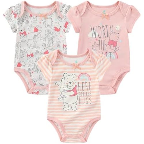 Disney Princess Winnie the Pooh Dumbo Lilo & Stitch Girls 3 Pack Bodysuit for Newborn and Infants