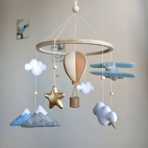 Travel nursery mobile. Adventure baby room decor. Baby boy crib mobile. Airplane, hot air balloon, mountain cot mobile. Musical mobile.