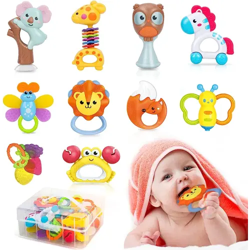TOY Life 10PCS Baby Rattles Teether Rattles Toys - Rattle Teething Toys for Babies- Grab Shaker and Spin Rattle - Baby Chew Toys for 0 3 6 9 12 Month Newborn Infant Baby…