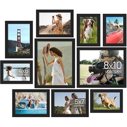upsimples 10 Pack Picture Frames Collage Wall Decor for Mounting or Tabletop Display, Photo Gallery Frame Set for Family, Multi Sizes Including 8x10, 5x7, 4x6, Black