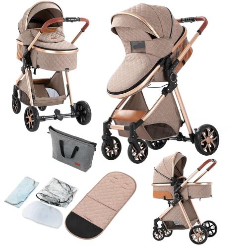 2 in 1 Baby Stroller, Convertible Pram, Reversible Standard Stroller, Portable Baby Buggy, Infant Carriage, Foldable High Landscape Pushchair for Toddler Newborn (225 Khaki)