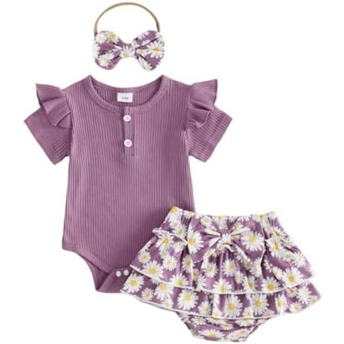 fhutpw Newborn Baby Girl Clothes Ribbed Sleeve Romper Top Leopard Ruffle Shorts Bow Headband Infant Summer Outfits 0-18M