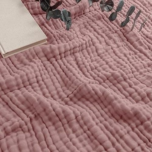 Comfy Cubs Muslin Throw Blanket - 50” x 60” Quilted Design - Lightweight, Breathable 6-Layer Gauze Fabric - Soft Cotton Blanket for Home or Travel - Packaged in Elegant Gift Box - Mauve