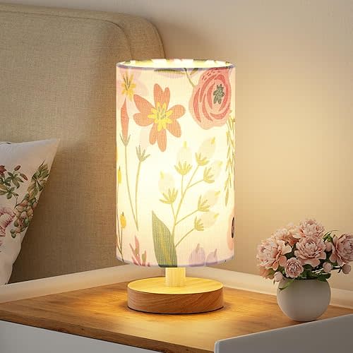 Fenmzee Floral Table Lamp for Bedroom - Inline Control, Small Bedside Lamp with 3000K A15 LED Blub, Easy Assembly (Floral White Shade, 9" Inline Control)